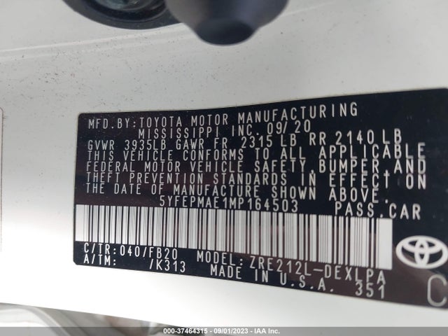 Toyota COROLLA LE 2021 5YFEPMAE1MP164503 Image 9