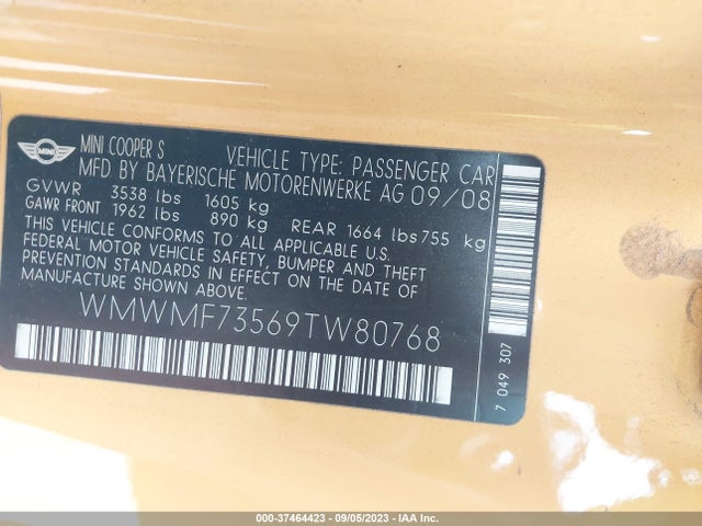 2009 MINI COOPER HARDTOP WMWMF73569TW80768 Photo 8