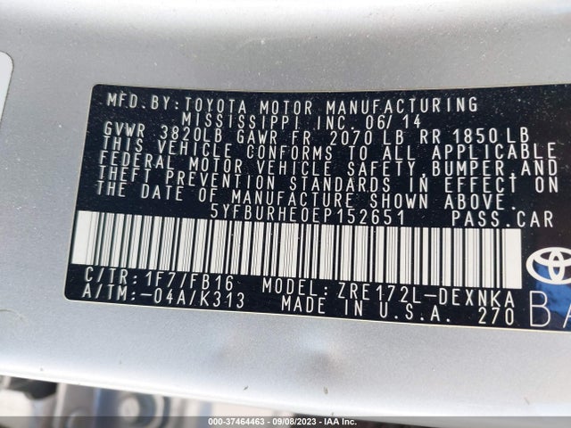 2014 TOYOTA COROLLA L/LE/S/S PLUS/LE PLUS VIN: 5YFBURHE0EP152651