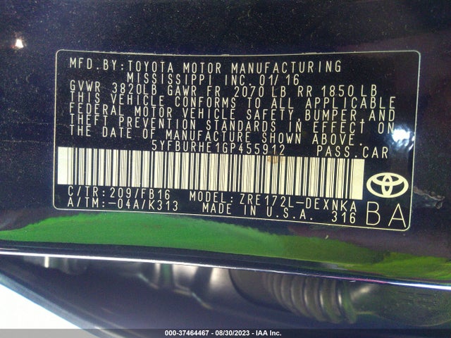 Toyota Corolla L/le/s/s Plus/le Plus 2016 5YFBURHE1GP455912 Image 9