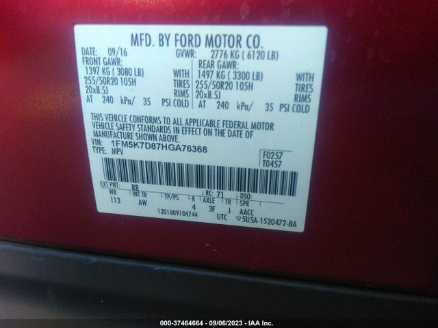 Ford EXPLORER XLT 2017 1FM5K7D87HGA76368 Image 15