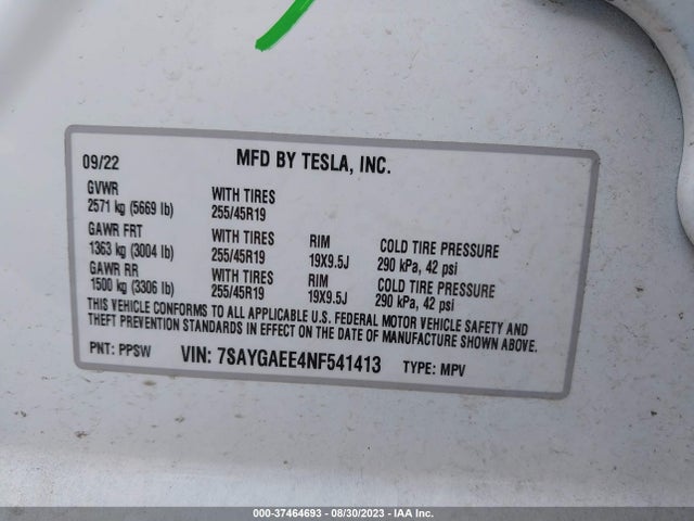 2022 TESLA MODEL Y LONG RANGE VIN: 7SAYGAEE4NF541413