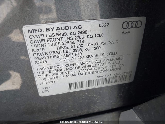 WA1EAAFY2N2123553 Audi Q5 S Line Premium Plus