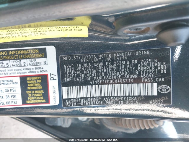2014 TOYOTA CAMRY L/LE/XLE/SE/SE SPORT VIN: 4T1BF1FK9EU406716