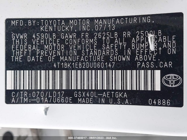 2013 TOYOTA AVALON XLE/LIMITED VIN: 4T1BK1EB2DU060147