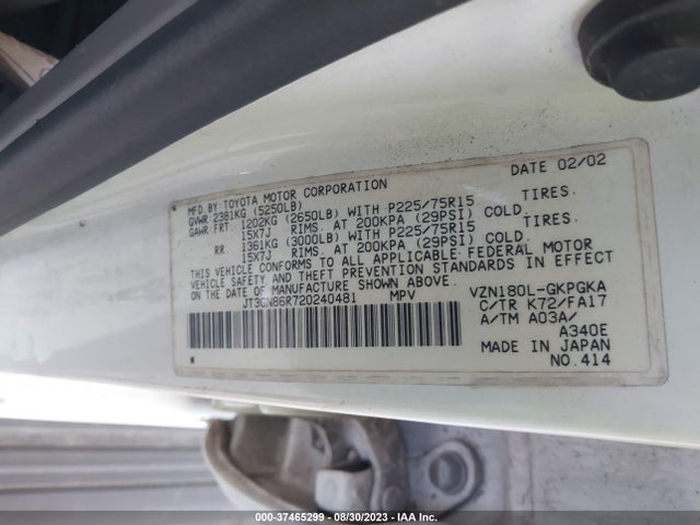 2002 TOYOTA 4RUNNER SR5 VIN: JT3GN86R720240481