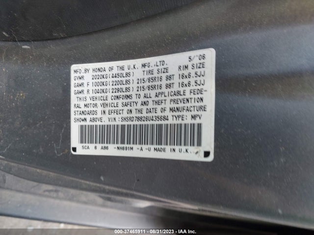 2006 HONDA CR-V EX VIN: SHSRD78826U435684