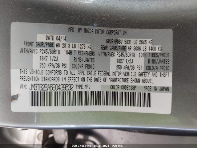 2014 MAZDA CX-9 SPORT VIN: JM3TB2BA6E0439632