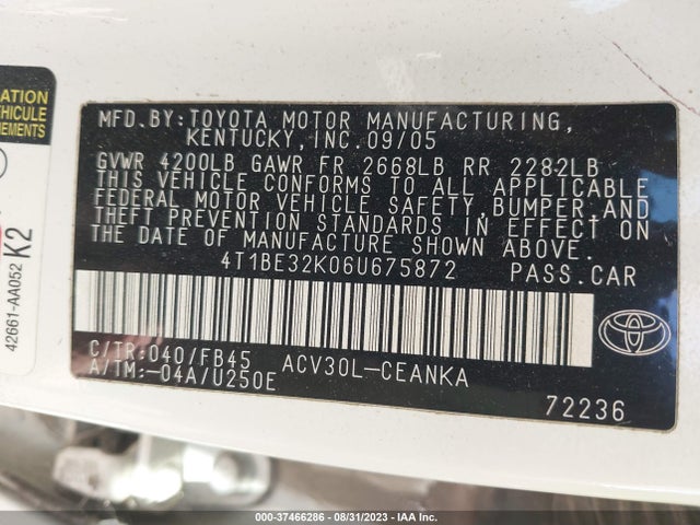2006 TOYOTA CAMRY STD/LE/SE/XLE VIN: 4T1BE32K06U675872