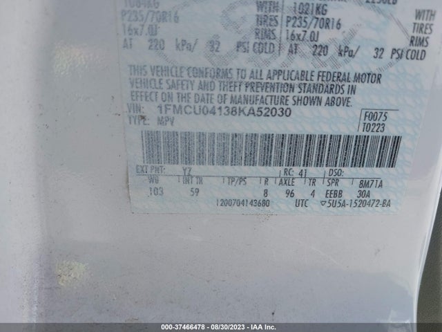 2008 FORD ESCAPE LIMITED VIN: 1FMCU04138KA52030