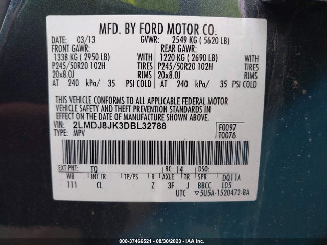 2013 LINCOLN MKX VIN: 2LMDJ8JK3DBL32788