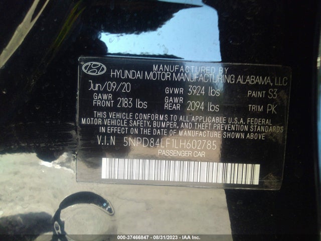2020 HYUNDAI ELANTRA SEL VIN: 5NPD84LF1LH602785