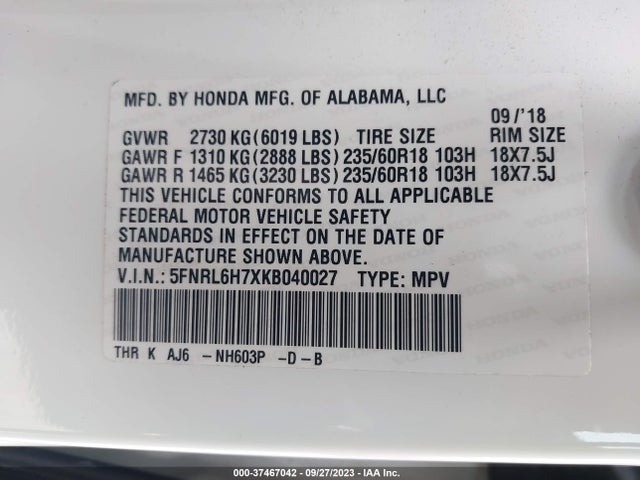 2019 HONDA ODYSSEY EX-L VIN: 5FNRL6H7XKB040027