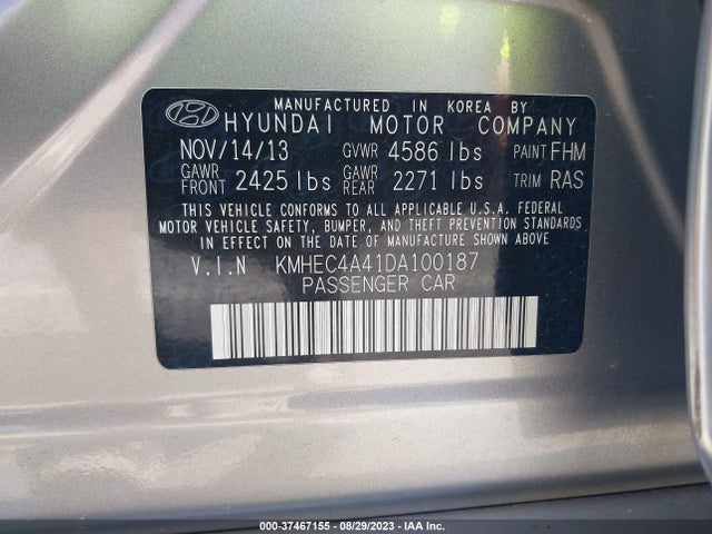 2013 HYUNDAI SONATA HYBRID LIMITED VIN: KMHEC4A41DA100187