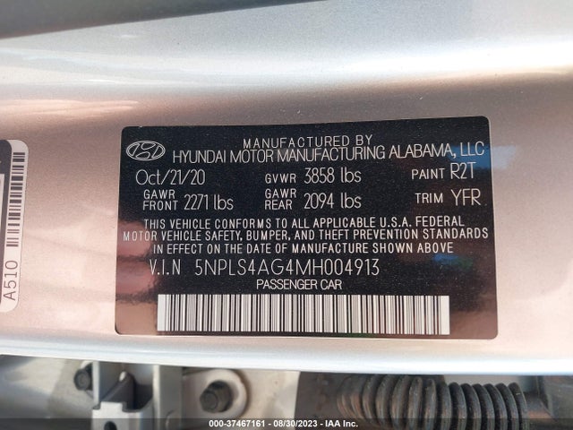 2021 HYUNDAI ELANTRA SEL VIN: 5NPLS4AG4MH004913
