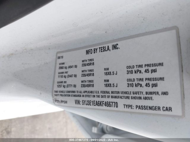 5YJ3E1EA6KF466770 Tesla Model 3 Range