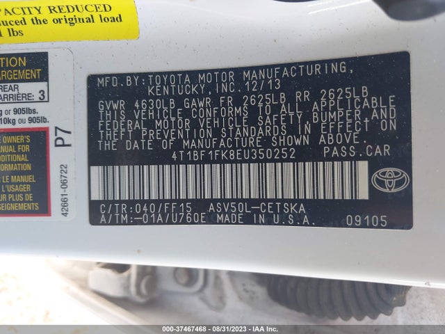 2014 TOYOTA CAMRY L/LE/XLE/SE/SE SPORT VIN: 4T1BF1FK8EU350252