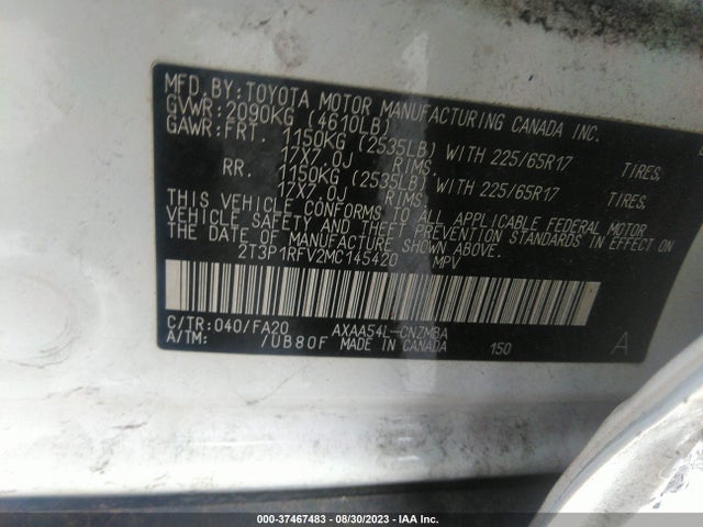 2021 TOYOTA RAV4 XLE VIN: 2T3P1RFV2MC145420