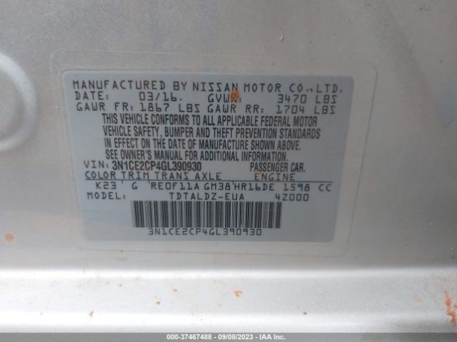 3N1CE2CP4GL390930 Nissan Versa Note S/s Plus/sv/sr/sl