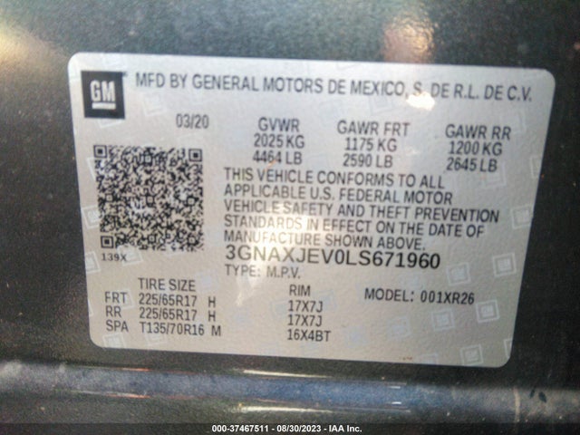 2020 CHEVROLET EQUINOX LT VIN: 3GNAXJEV0LS671960