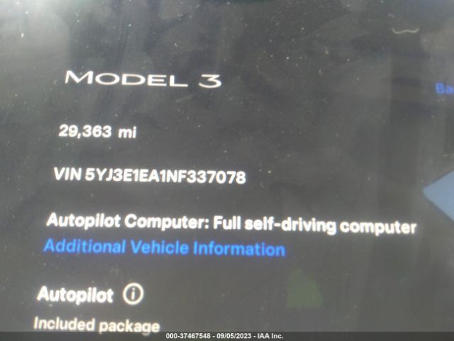 5YJ3E1EA1NF337078 Tesla MODEL 3
