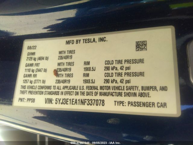 5YJ3E1EA1NF337078 Tesla MODEL 3