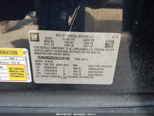 Chevrolet Traverse Lt 2017 1GNKRGKD2HJ206795 Image 9