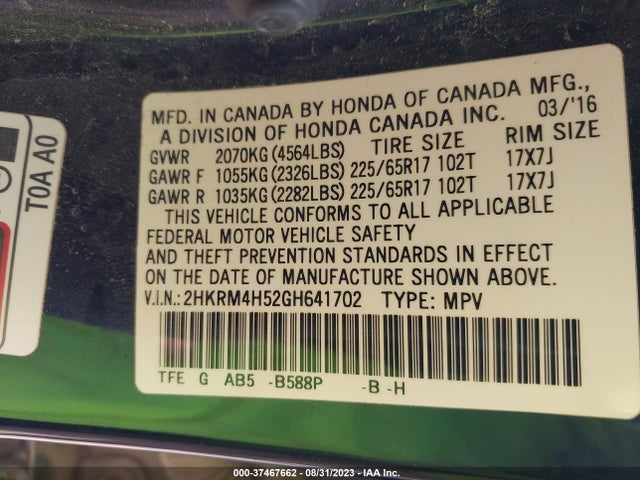 Honda CR-V EX 2016 2HKRM4H52GH641702 Image 9