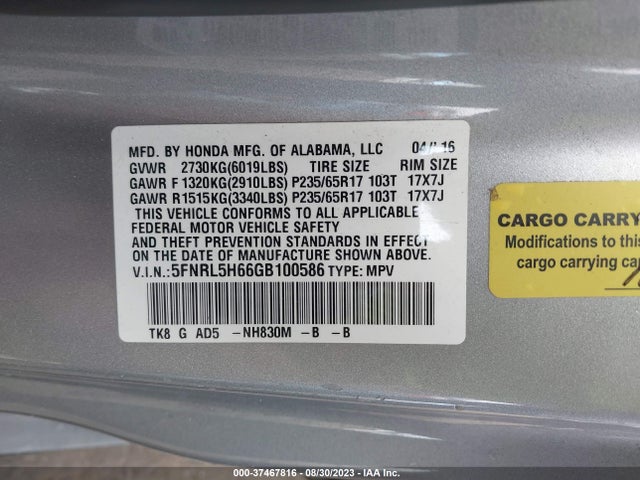 Honda Odyssey Ex-l 2016 5FNRL5H66GB100586 Image 9