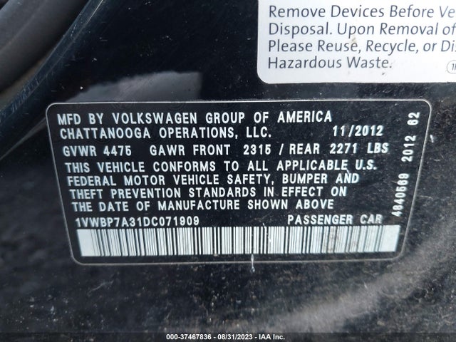 2013 VOLKSWAGEN PASSAT SE W/SUNROOF & NAV VIN: 1VWBP7A31DC071909