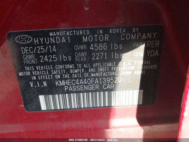 2015 HYUNDAI SONATA HYBRID VIN: KMHEC4A40FA139520