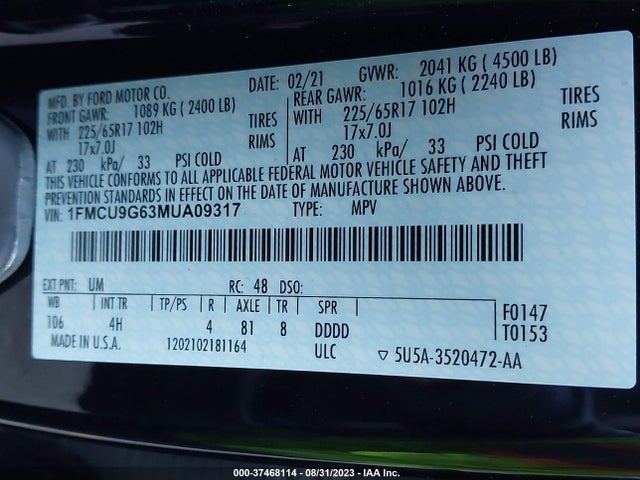 Ford ESCAPE SE 2021 1FMCU9G63MUA09317 Image 15