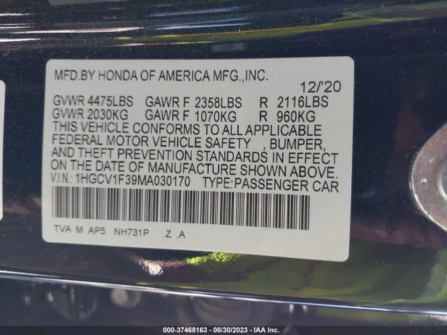 Aukcja sprzedaży 2021 Honda Accord Sedan Sport, vin: 1HGCV1F39MA030170, numer aukcji: 37468163
