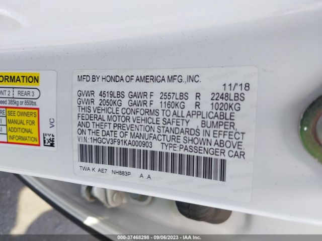 1HGCV3F91KA000903 Honda Accord Hybrid Touring