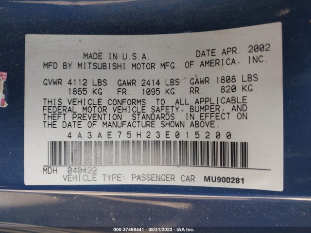 2003 MITSUBISHI ECLIPSE GTS VIN: 4A3AE75H23E015200