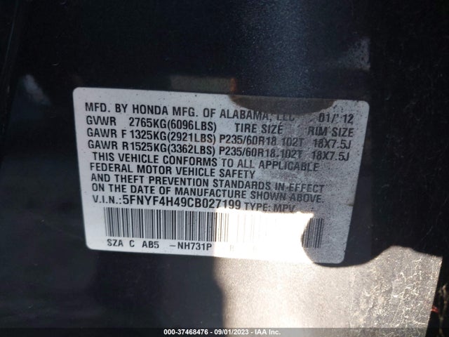 2012 HONDA PILOT EX VIN: 5FNYF4H49CB027199