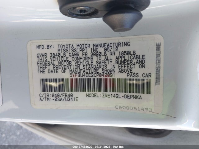 2012 TOYOTA COROLLA L/LE/S VIN: 5YFBU4EE2CP042091