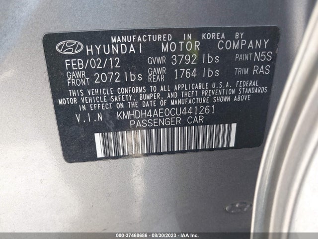 2012 HYUNDAI ELANTRA LIMITED PZEV VIN: KMHDH4AE0CU441261