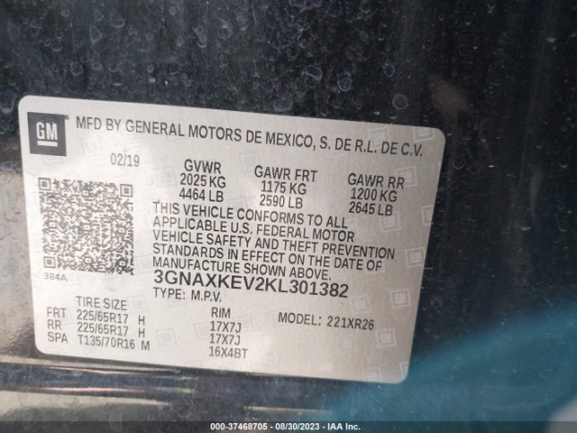 Chevrolet EQUINOX LT 2019 3GNAXKEV2KL301382 Image 9