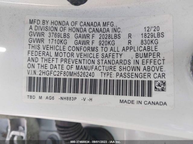 2HGFC2F80MH526240 Honda Civic Sedan Sport