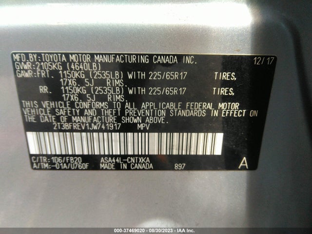 2018 TOYOTA RAV4 LE VIN: 2T3BFREV1JW741917