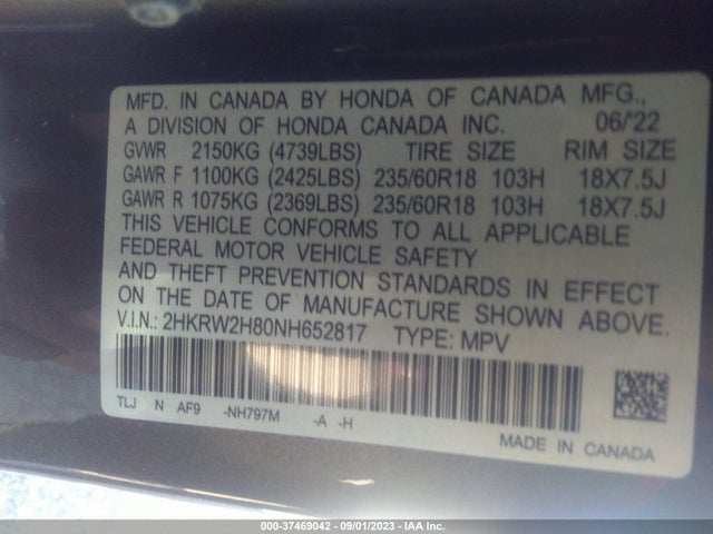 2022 HONDA CR-V AWD EX-L VIN: 2HKRW2H80NH652817