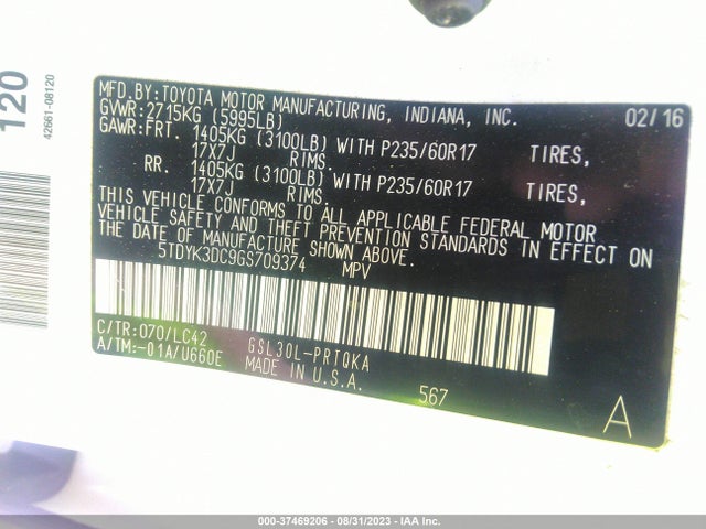 2016 TOYOTA SIENNA XLE/XLE AAS/LTD VIN: 5TDYK3DC9GS709374