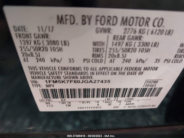 2018 FORD EXPLORER LIMITED VIN: 1FM5K7F80JGA27435