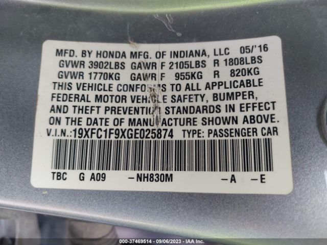 19XFC1F9XGE025874 Honda Civic Sedan Touring
