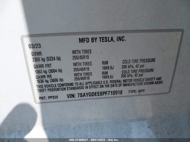 2023 TESLA MODEL Y LONG RANGE VIN: 7SAYGDEE8PF710918