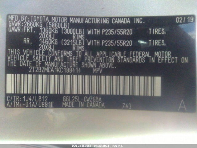 Lexus RX 350 2019 2T2BZMCA1KC188414 Image 9