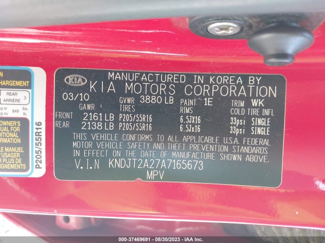37469691 :رقم المزاد ، KNDJT2A27A7165673 vin ، 2010 Kia Soul + مزاد بيع