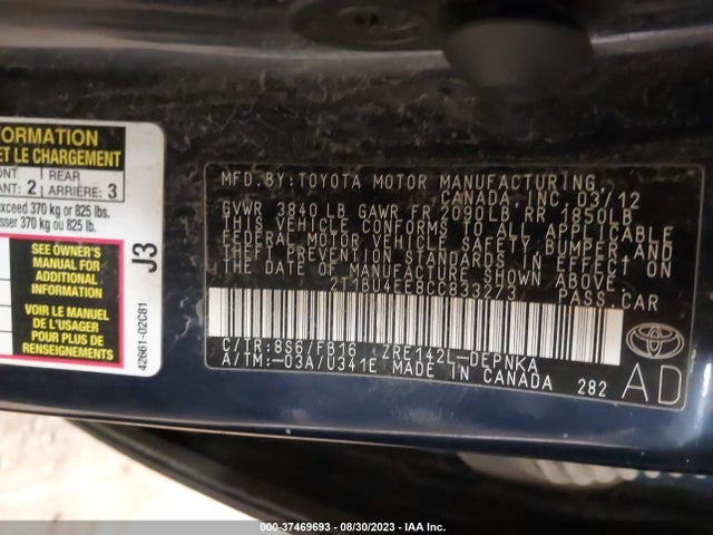 2012 TOYOTA COROLLA L/LE/S VIN: 2T1BU4EE8CC833273
