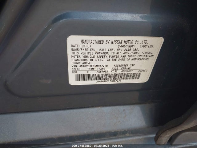 2007 INFINITI G35 SEDAN G35X VIN: JNKBV61F67M817278